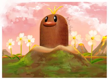 3d alolan_diglett alolan_form artsy-theo border cloud commentary derivative_work english_commentary gen_7_pokemon grass lava nintendo no_humans official_art_redraw outdoors pink_sky pokemon pokemon_(creature) pokemon_focus pokemon_tcg sky solo volcano white_border