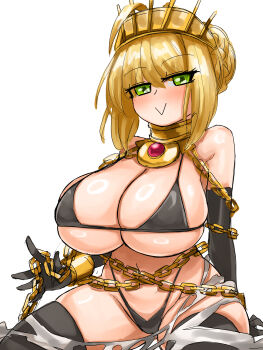 1girl :&gt; absurdres ahoge bare_shoulders bikini bikini_bottom_lift black_bikini black_gloves black_thighhighs blonde_hair braid breasts chain collar cosplay crown cuffs fate/extra fate/grand_order fate_(series) gloves green_eyes hair_bun hair_ornament highres huge_breasts jewelry light_blush looking_at_viewer nero_claudius_(fate) simple_background smug solo steamingtofu swimsuit thighhighs wide_hips zenobia_(fate) zenobia_(fate)_(cosplay)