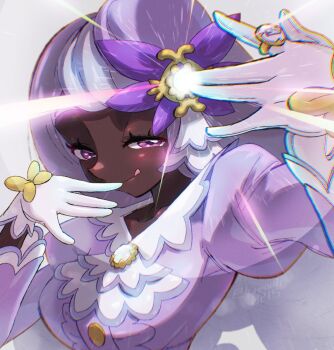 1girl arm_up ascot breasts brooch center_frills dark-skinned_female dark_skin dress fascinator frilled_ascot frilled_sleeves frills gloves glowing glowing_gem h_renah hair_ornament hand_to_own_mouth hand_up jacinthe_(pokemon) jewelry juliet_sleeves light_blush long_hair long_sleeves looking_at_viewer mega_stone nintendo pokemon pokemon_legends:_z-a puffy_sleeves purple_dress purple_eyes purple_hair ring smile solo tongue tongue_out upper_body very_dark_skin white_gloves