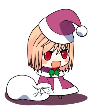 1girl :d agn0s arcueid_brunestud blonde_hair blush_stickers capelet chibi christmas commentary dress english_commentary hair_bun hair_intakes hat highres meme open_mouth padoru_(meme) sack santa_costume santa_hat short_hair single_hair_bun smile tsukihime