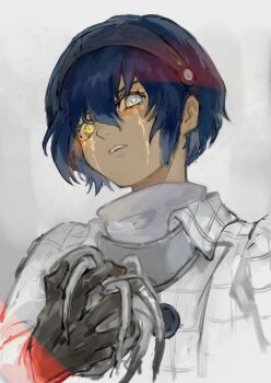 Rule 34 | 1boy, arm up, black gloves, blue hair, coat, collared coat, dark blue hair, eyelashes, facial mark, gloves, hair between eyes, heterochromia, highres, holding, looking to the side, male focus, mechanical heart, metaphor: refantazio, parted lips, patterned clothing, protagonist (metaphor: refantazio), samerkgk, shirt, short hair, sideways glance, simple background, solo, teeth, turtleneck, upper body, upper teeth only, white background, white coat, white shirt, wing collar