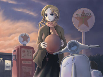 1girl archived_source black_eyes blonde_hair cloud cloudy_sky coat commentary_request dress dusk expressionless gas_station helmet holding holding_unworn_helmet long_hair looking_to_the_side motor_vehicle original scarf scooter sky solo twoirons unworn_helmet vespa