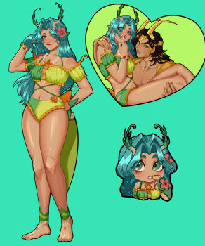 1boy 1girl absurdres adapted_costume alien antennae aqua_background aqua_eyes aqua_hair barefoot bead_bracelet beads bikini black_hair bracelet breasts carrying carrying_person chibi chibi_inset cleavage collarbone commentary english_commentary fake_horns flower full_body green_bikini green_eyes guardians_of_the_galaxy hair_flower hair_intakes hair_ornament hand_on_own_hip heart hibiscus highres horned_headwear horns jewelry linea_alba loki_(marvel) loki_(robe_of_relaxation)_(marvel) long_hair looking_at_viewer mantis_(marvel) mantis_(oceanic_harmony)_(marvel) marvel marvel_rivals mikeybo_bikey multicolored_bikini multiple_rings multiple_views muscular muscular_male navel necklace parted_bangs pink_flower pointy_ears princess_carry ring small_breasts smile solo_focus star_(symbol) star_necklace swimsuit thor_(marvel)_(series) two-tone_bikini yellow_bikini yellow_nails
