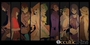 :o ahoge aikawa_miyuu animal_ear_hood ascot black_boots black_eyes black_gloves black_hair black_hairband black_jacket black_pants blue_jacket blue_necktie blue_pantyhose blunt_bangs boots bow bracelet breasts brown_coat brown_eyes brown_gloves brown_hair brown_jacket buttons capelet capelet_bow check_clothing closed_eyes clothing_request coat collared_shirt copyright_name double-breasted dress_bow dress_shirt earrings everyone expressionless eye_of_providence fake_animal_ears fedora fur-trimmed_capelet fur_trim gamon_yuuta glasses gloves gold_necklace green_eyes green_hair grey_eyes grey_neckerchief hair_ornament hairband hairclip hashigami_sarai hat headband heart heart_button heart_hair_ornament high-waist_skirt high_ponytail highres hiwomushi holding holding_pen hood hood_down hooded_jacket huge_breasts impossible_clothes jacket jewelry knee_boots kurenaino_aria kusakabe_kiryuu leather leather_jacket long_hair long_sleeves looking_at_viewer looking_to_the_side medium_breasts medium_hair miniskirt moritsuka_shun multicolored_coat narusawa_ryouka neckerchief necklace necktie nishizono_ririka occultic;nine one_eye_covered open_clothes open_coat open_mouth pants pantyhose parted_lips pen pink_jacket pink_shirt pink_skirt ponytail purple_capelet purple_headband purple_sweater red_capelet science_adventure shirt short_hair single_earring skirt smile suit_jacket sumikaze_touko sweater teeth thighhighs thighs tongue white_coat white_shirt white_thighhighs yellow_ascot yellow_coat yellow_hood