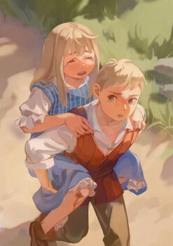 1boy 1girl aged_down alt_text bleeding blonde_hair blood blue_shirt blue_skirt boots brother_and_sister brown_eyes brown_footwear brown_pants brown_vest carrying carrying_person closed_eyes commentary crying dungeon_meshi english_commentary falin_touden falin_touden_(tallman) grass hands_on_another's_shoulders highres injury laios_touden layered_shirt long_hair looking_at_viewer open_mouth outdoors pants parientou path piggyback road shirt short_hair short_sleeves siblings skirt sleeves_rolled_up tears teeth upper_teeth_only vest walking white_shirt