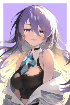 1girl black_choker black_shirt blonde_hair border breasts choker colored_inner_hair crop_top earrings gradient_hair grim_jisoo hair_between_eyes highres hololive hololive_indonesia jacket jewelry large_breasts long_hair looking_at_viewer moona_hoshinova moona_hoshinova_(1st_costume) multicolored_hair off_shoulder open_mouth purple_background purple_eyes purple_hair shirt single_earring sleeveless sleeveless_shirt solo sparkle teeth upper_teeth_only virtual_youtuber white_border white_jacket