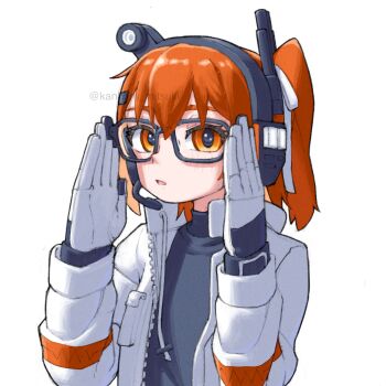 1girl a.i._voice adachi_rei adjusting_eyewear bespectacled black_shirt drawstring glasses gloves headset highres jacket kanbaru_mitsuki long_sleeves open_clothes open_jacket orange_eyes orange_hair parted_lips shirt simple_background solo upper_body utau white_background white_gloves white_jacket zipper