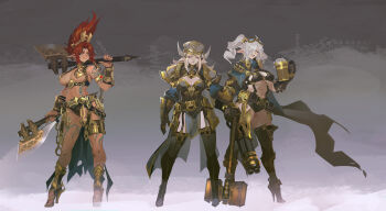 Rule 34 | 3girls, axe, beer mug, black boots, blue tattoo, boots, breasts, cleavage, contrapposto, cup, dark-skinned female, dark skin, dual wielding, gauntlets, gold, helmet, high heel boots, high heels, highres, holding, holding axe, holding cup, large breasts, leg tattoo, long hair, mug, multiple girls, original, pointy ears, red hair, smjim1986, tattoo, thigh boots, twintails, white hair