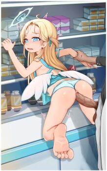 1boy 1girl against_wall age_difference angel anus apron arm_held_back blonde_hair blue_apron blue_archive blue_eyes blue_halo blue_panties blush censored clothing_aside dark-skinned_male dark_skin dot_nose embarrassed eyelashes feathered_wings feathers flat_chest full_body grabbing_another&#039;s_arm halo hetero interracial kneeling leaning_forward loli long_hair looking_at_viewer looking_back mosaic_censoring nervous nipples open_mouth oscarlllll panties panties_aside penis pussy rape scared sex sex_from_behind solo_focus sora_(blue_archive) toes underwear vaginal variant_set white_feathers wings
