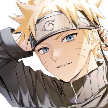 1boy bad_id bad_twitter_id black_jacket blonde_hair blue_eyes corrupted_twitter_file facial_mark forehead_protector highres jacket konohagakure_symbol long_sleeves looking_at_viewer male_focus naruto_(series) naruto_shippuuden oll_3h0 parted_lips smile solo spiked_hair turtleneck turtleneck_jacket upper_body uzumaki_naruto whisker_markings white_background