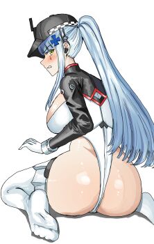 1girl absurdres ass baseball_cap black_bodysuit black_hat blue_hair blush bodysuit breasts cross_hair_ornament girls&#039;_frontline girls&#039;_frontline_2:_exilium gloves green_eyes hair_ornament hat highres hk416_(girls&#039;_frontline) io_troublemaker klukai_(girls&#039;_frontline_2) klukai_(speed_star)_(girls&#039;_frontline_2) large_breasts long_hair looking_at_viewer multicolored_bodysuit official_alternate_costume ponytail simple_background solo tattoo teardrop_facial_mark teardrop_tattoo two-tone_bodysuit white_bodysuit