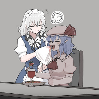 2girls ascot blue_dress blush braid closed_eyes cup dress drinking_glass eating fang fork grey_background grey_hair hair_between_eyes hat highres holding holding_fork izayoi_sakuya mata_(matasoup) messy_eater mob_cap multiple_girls napkin plate pointy_ears puffy_short_sleeves puffy_sleeves red_ascot remilia_scarlet shirt short_sleeves side_braids sweatdrop time_stop touhou white_shirt wine_glass wiping_mouth