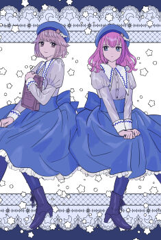 2girls :o :| alternate_costume alternate_hair_color ankle_boots back_bow beret blue_background blue_boots blue_eyes blue_hat blue_pantyhose blue_skirt bob_cut book boots border bow brown_eyes clenched_hands closed_mouth collared_dress commentary cool_colored crescent dress foot_out_of_frame frilled_skirt frills grey_background grey_shirt hair_flaps hand_up hat hat_ornament high-waist_skirt high_heel_boots high_heels highres holding holding_book hoshino_(user_ddfw4228) hugging_book hugging_object invisible_chair juliet_sleeves kobato_ryouko lace-up_boots light_smile long_hair long_sleeves looking_at_another looking_to_the_side medium_dress multicolored_dress multiple_girls ornate_border outside_border pantyhose parted_lips partially_bordered pink_hair puffy_sleeves puritan_collar purple_hair shirt shoujo_kageki_revue_starlight shoujo_kageki_revue_starlight_-re_live- sideways_glance sitting skirt star_(symbol) star_hat_ornament star_symbol_background swept_bangs takachiho_stella v_arms white_background wing_hat_ornament