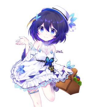 Rule 34 | 1girl, artist name, bare shoulders, basket, blue eyes, blue hair, bob cut, closed mouth, detached sleeves, dress, food, fruit, holding, holding basket, honkai (series), honkai impact 3rd, jin2, leg up, looking at viewer, sandals, seele vollerei, seele vollerei (papilio lily), seele vollerei (swallowtail phantasm), short hair, simple background, smile, solo, sundress, tareme, toes, white background, white dress, white sleeves
