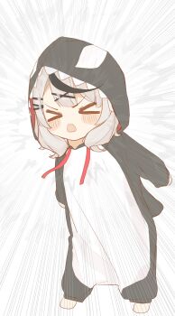Rule 34 | > <, 1girl, absurdres, black hair, closed eyes, commentary request, cosplay, full body, grey hair, hair ornament, highres, hololive, kigurumi, multicolored hair, nema 029, open mouth, sakamata chloe, simple background, solo, virtual youtuber, x hair ornament