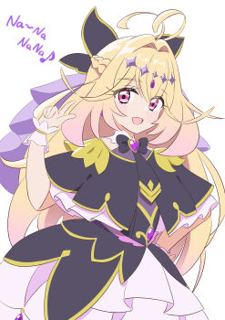 Rule 34 | 1girl, absurdres, antenna hair, black bow, black bowtie, black capelet, black dress, blonde hair, bow, bowtie, brooch, capelet, cowboy shot, cure arcana shadow, diamond hairband, dress, eighth note, frilled capelet, frilled cuffs, frills, hair bow, hair intakes, hand on own hip, hatori rkgk, heart, heart brooch, highres, index finger raised, jewelry, layered dress, long hair, looking at viewer, magical girl, medium dress, meitantei precure!, moria luluka, musical note, open mouth, precure, purple eyes, purple veil, simple background, smile, standing, veil, white background