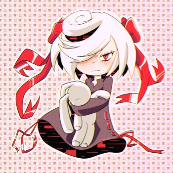 1girl angry black_dress black_hair bob_cut bow butterrrmoth closed_mouth commentary dress english_commentary full_body glitch hair_bow hair_over_one_eye highres holding holding_stuffed_toy long_sleeves looking_at_viewer multicolored_hair multiple_hair_bows red_bow red_eyes red_hair red_ribbon ribbon sage_(sonic) short_hair solo sonic_(series) sonic_frontiers stuffed_animal stuffed_rabbit stuffed_toy white_hair
