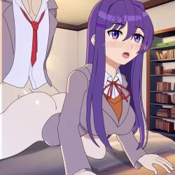 1boy 1girl amplected animated ass blush bouncing_ass bouncing_breasts breasts closed_eyes clothed_sex cum doki_doki_literature_club doki_doki_literature_club_school_uniform ejaculation hetero jasminexlynn large_breasts long_hair moaning purple_hair school_uniform sex sex_from_behind smile sound tagme teeth thighs vaginal video yuri_(doki_doki_literature_club)