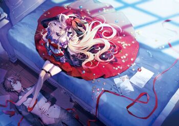 1boy 1girl black_choker black_gloves black_shirt blonde_hair blue_gemstone breasts brown_hair choker cleavage coin collared_shirt dress dress_flower elbow_gloves flower gem gloves grey_eyes grey_pants hair_flower hair_ornament hand_up high_heels jewelry long_hair lying mata_korosarete_shimatta_nodesune_tantei-sama medium_breasts multicolored_hair necklace necktie novel_illustration official_art on_back on_bed on_floor outsuki_sakuya pants paper pink_gemstone plaid_clothes plaid_pants purple_flower purple_rose red_dress red_flower red_footwear red_gemstone red_ribbon red_rose ribbon riichu rose shardina_inferishas shirt shoes single_shoe sitting smile streaked_hair thighhighs unworn_jewelry unworn_necklace vest waistcoat white_hair wooden_floor yellow_gemstone