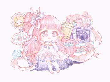 1girl absurdres animated animated_gif beads blinking blunt_bangs bow bow-shaped_hair brooch chibi chinese_commentary choker commentary_request crown dress elbow_gloves flower flower_brooch fur_choker gift gloves gown hair_bow hair_bun hair_flower hair_ornament hand_on_own_cheek hand_on_own_face happy highres jewelry light_blush long_dress long_hair looking_to_the_side looping_animation mini_crown miracle_nikki momo_(nikki) nikki_(nikki) nikki_(series) off-shoulder_dress off_shoulder open_mouth pink_crown pink_eyes pink_hair pink_sleeves rose short_sleeves sign simple_background single_side_bun smile solo sparkle sparkle_of_stars_(miracle_nikki) standing star_(symbol) star_in_eye symbol_in_eye tareme train_(clothing) two-sided_dress two-sided_fabric very_long_hair wavy_hair white_background white_bow white_choker white_dress white_flower white_gloves white_rose xiaoyu_qixing