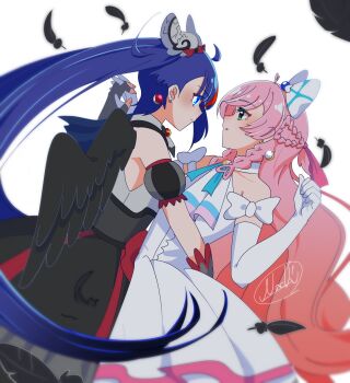 2girls absurdres arm_around_waist arm_bow ascot bare_shoulders bird_wings black_gloves black_skirt black_sleeves black_wings blue_eyes blue_hair blue_ribbon bow braid center_frills clenched_hand closed_mouth collared_shirt colored_tips cowboy_shot crack cure_prism cure_sky cure_sky_(dark) dark_persona detached_sleeves dress earrings elbow_gloves empty_eyes expressionless eye_contact eyelashes feathered_wings feathers fingerless_gloves fingernails frilled_dress frilled_sleeves frills gloves gradient_hair green_eyes grey_shirt hair_bobbles hair_bow hair_ornament hair_ribbon heart heart-shaped_hair high-waist_skirt highres hirogaru_sky!_precure holding_hands interlocked_fingers jewelry leaning_back light_blush long_hair looking_at_another magical_girl multicolored_hair multiple_braids multiple_girls neck_ribbon nijigaoka_mashiro nunununoyuyuyu orange_hair parted_lips pink_hair pink_ribbon plaid_bow pleated_dress pointy_nose precure puffy_short_sleeves puffy_sleeves red_bow red_hair ribbon shirt short_dress short_sleeves side_braids signature simple_background skirt sleeveless sleeveless_shirt sora_harewataru sphere_earrings standing streaked_hair twin_braids twintails two-tone_hair very_long_hair waist_bow wavy_hair white_ascot white_background white_bow white_dress white_gloves wing_hair_ornament wings yuri