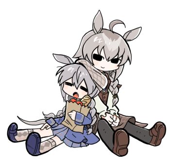 2girls ahoge alternate_costume animal_ears apple bag baguette black_pantyhose blue_eyes blue_jacket blue_skirt blush braid braided_ponytail bread brown_skirt brown_vest closed_eyes closed_mouth commentary_request deformed fang food fruit grey_hair grocery_bag hair_between_eyes hair_over_shoulder hat horse_ears horse_girl horse_tail jacket korean_commentary long_hair long_sleeves multiple_girls nooctadesu oguri_cap_(umamusume) open_mouth pantyhose plaid_clothes plaid_skirt shirt shoes shopping_bag simple_background sitting skirt sleeping smile socks tail tamamo_cross_(umamusume) twin_braids umamusume very_long_hair vest white_background