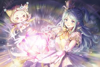 Rule 34 | 1girl, absurdres, ahoge, animal, aqua hair, beads, black hat, blue eyes, bow, bowtie, braid, cat, cloak, clothed animal, cowboy shot, crown, dress, ear covers, earrings, eyelashes, floating, floating clothes, frilled gloves, frilled headwear, frilled sleeves, frilled wrist cuffs, frills, gloves, glowing, hair beads, hair ornament, happy, hat, hat ornament, highres, hood, hood up, hooded cloak, infinity nikki, jewelry, light blush, light particles, long hair, looking at object, mini crown, mini hat, mini top hat, momo (nikki), night, nikki (nikki), nikki (series), object floating above hand, one side up, open mouth, origami, outdoors, outstretched arms, paper crane, pleated dress, puffy short sleeves, puffy sleeves, purple bow, purple bowtie, purple cloak, purple eyes, ringlets, sasami (shiroi fuwafuwa), short sleeves, sidelocks, single braid, smile, sparkle, star (symbol), star hat ornament, star in eye, star print, striped clothes, striped dress, symbol in eye, top hat, vertical-striped clothes, vertical-striped dress, very long hair, wavy hair, whimstar (infinity nikki), white cat, white dress, white gloves, wings of wishes (infinity nikki), wrist cuffs, yarn, yellow bow, yellow bowtie, yellow wrist cuffs