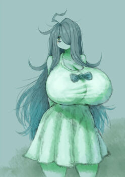 1girl 2b-ge ahoge bags_under_eyes breasts cleavage cowboy_shot dress eyelashes female_focus gigantic_breasts green_theme grey_background hair_over_one_eye highres long_hair mei_(2b-ge) original ribbon solo standing white_dress