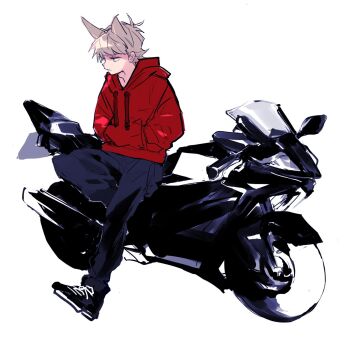 Rule 34 | 1boy, bad id, bad twitter id, black pants, black shoes, brown hair, drawstring, eddsworld, full body, hair ears, hands in pocket, hood, hood down, hoodie, inactive account, long sleeves, male focus, motor vehicle, motorcycle, nana (ebitokanimiso), pants, red hoodie, shoes, short hair, simple background, sitting, sneakers, solo, tord (eddsworld), white background