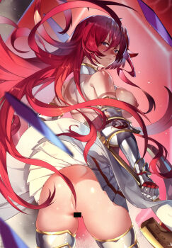 1girl absurdres armor armored_dress ass bar_censor bare_shoulders blue_eyes blush boots breasts censored closed_mouth club3 dress female_focus gauntlets gloves godsworn_alexiel granblue_fantasy hair_between_eyes hair_ornament highres large_breasts long_hair looking_at_viewer looking_back no_panties pleated_skirt red_hair scan shards skirt solo sword thigh_boots thighhighs thighs very_long_hair weapon white_skirt wind wind_lift