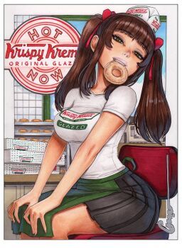 apron black_skirt blunt_bangs breasts brown_eyes brown_hair donut food food_in_mouth green_apron hair_ribbon hat krispy_kreme lips long_hair looking_at_viewer medium_breasts omar_dogan original pleated_skirt print_shirt red_ribbon ribbon shirt sidelocks sitting skirt smile t-shirt twintails white_shirt