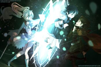 3girls black_skirt blue_eyes boots breasts cape clone commentary commission copyright_name dishwasher1910 dress english_commentary falling_petals floating_hair glyph grey_eyes holding holding_sword holding_weapon hood hooded_cape index_finger_raised long_hair looking_at_another multiple_girls myrtenaster one_eye_closed open_mouth pantyhose petals pleated_skirt ponytail red_cape ruby_rose rwby short_hair skirt small_breasts summoning sword watermark weapon web_address weiss_schnee white_dress