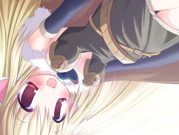 1girl 2000s_(style) :d animal_ears belt blonde_hair blue_sleeves blush breasts brown_belt brown_cloak brown_dress cleavage cloak cowboy_shot detached_sleeves dress fake_animal_ears fur_trim high_wizard_(ragnarok_online) long_hair magatama medium_breasts open_mouth ragnarok_online red_eyes short_dress simple_background sleeveless sleeveless_dress smile solo straight_hair strapless strapless_dress tareme thighs third-party_source upside-down wazawogi_(wzog) white_background