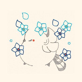 animal_focus bird blue_flower closed_eyes commentary_request flower full_body highres long-tailed_tit no_humans original solo tit_(bird) traditional_media usagi_shigeko