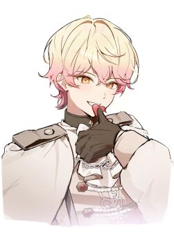 1boy absurdres black_gloves blonde_hair clenched_teeth cropped_torso funsai_seyo!_unvalentine_no_fukushuu_(project_sekai) gloves gradient_hair hand_up heart hhiiiiiik highres long_sleeves looking_at_viewer male_focus multicolored_hair official_alternate_costume official_alternate_hairstyle orange_eyes project_sekai short_hair simple_background smile solo teeth tenma_tsukasa white_background