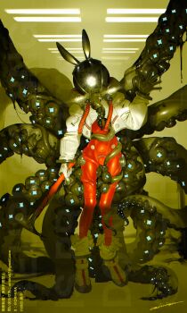 1girl 2025 absurdres animal_ears artist_name black_gloves bodysuit commentary dated eldritch_abomination email_address english_commentary faceless full_body gloves helmet highres holding holding_pickaxe indoors jacket monster_girl original orihira pickaxe rabbit_ears red_bodysuit searchlight slime_(substance) space_helmet spacesuit suction_cups tentacles tentacles_under_clothes torn_clothes white_jacket wrapped_up