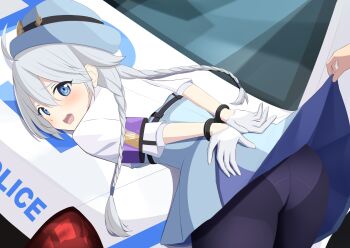 1girl absurdres ass bent_over blue_archive blue_eyes blush braid car clothes_lift cuffs dress embarrassed from_behind gloves grey_hair handcuffed handcuffs hat highres kirino_(blue_archive) long_hair looking_at_viewer motor_vehicle nokonoko open_mouth panties panties_under_pantyhose pantyhose police police_car police_hat police_uniform policewoman short_dress skirt skirt_hold skirt_lift solo sweatdrop twin_braids underwear white_panties