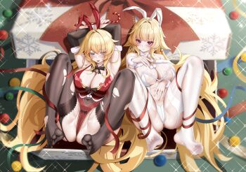 2girls absurdres animal_ears armpits arms_behind_head arms_up black_thighhighs blonde_hair breasts christmas fake_animal_ears feet feifu garter_straps green_eyes highres large_breasts leotard long_hair looking_at_viewer multiple_girls navel original panties playboy_bunny rabbit_ears red_eyes soles strapless strapless_leotard thighhighs tongue tongue_out underwear white_panties white_thighhighs