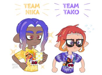 1boy 1girl 8-bit_(splatoon) ariamikukanzaki blue_hair commentary cup dark-skinned_male dark_skin english_commentary flying_sweatdrops glasses gradient_hair hand_on_own_hip hirooooo_(splatoon) holding holding_cup inkling mug multicolored_hair nintendo octoling orange_hair pointy_ears pout purple_eyes red_eyes red_hair shirt signature sparkle splatoon_(series) splatoon_3 t-shirt takotruck_(splatoon) tentacle_hair v-shaped_eyebrows veronika_(splatoon) very_dark_skin