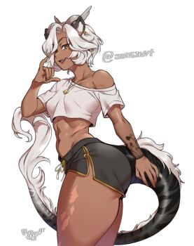 Rule 34 | 1girl, abs, agawa ryou, animal ear fluff, animal ears, ass, breasts, cropped shirt, dark-skinned female, dark skin, dolphin shorts, dragon girl, dragon horns, dragon tail, horns, huge ass, indie virtual youtuber, jewelry, looking at viewer, navel, necklace, sansin jin, scar, scar on stomach, scar on thighs, shirt, shorts, tail, thick thighs, thighs, virtual youtuber, white background, white hair, white shirt, yellow eyes