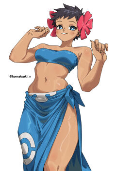 1girl absurdres bandeau bare_shoulders black_hair blue_bandeau blue_eyes blue_sarong blush breasts commentary_request dark-skinned_female dark_skin flower hair_flower hair_ornament highres komatsuki_n looking_at_viewer medium_breasts navel nintendo parted_lips phoebe_(pokemon) pokemon pokemon_rse print_sarong sarong short_hair simple_background smile solo stomach strapless tube_top white_background