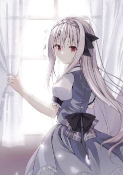 1girl ahoge back_bow backlighting black_bow blue_dress bow braid closed_mouth commentary cowboy_shot crown_braid day dress falling_petals floating_hair frilled_dress frills from_behind grey_hair hair_between_eyes hair_bow hair_over_shoulder hand_up highres indoors light_smile long_hair looking_at_viewer looking_back petals puffy_short_sleeves puffy_sleeves red_eyes sakurakouji_luna shirt short_sleeves sidelocks solo split_mouth straight_hair takepoison tsuki_ni_yorisou_otome_no_sahou very_long_hair white_shirt window