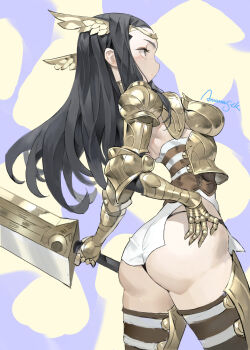 1girl absurdres armor arowana2111 ass black_eyes black_hair black_panties breastplate brown_corset closed_mouth commentary corset couter cowboy_shot dated_commentary english_commentary from_side gauntlets gold_armor hand_on_own_hip highres holding holding_sword holding_weapon long_hair looking_ahead original panties pauldrons profile shoulder_armor sideways_mouth signature solo standing sword thong underwear weapon