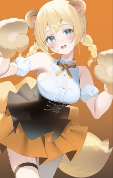 1girl animal_ears animal_hands aqua_eyes black_skirt blonde_hair bow bowtie braid breasts buttons center_frills commentary crossed_bangs detached_sleeves double-breasted double-parted_bangs frills gloves gradient_background hair_between_eyes high-waist_skirt highres hololive kazama_iroha layered_skirt low_twin_braids medium_breasts medium_hair miniskirt open_mouth orange_background orange_bow orange_bowtie orange_skirt paw_gloves puffy_detached_sleeves puffy_short_sleeves puffy_sleeves raccoon_ears raccoon_girl raccoon_tail ryuya shirt shirt_tucked_in short_sleeves simple_background skirt solo symbol-only_commentary tail teeth thigh_strap twin_braids underbust upper_teeth_only virtual_youtuber white_shirt