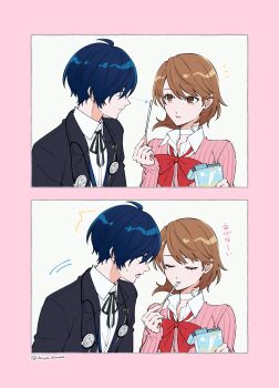 Rule 34 | 1boy, 1girl, ^^^, ahoge, arrow (symbol), black jacket, blue eyes, blue hair, border, bow, bowtie, brown eyes, brown hair, cardigan, choker, closed eyes, closed mouth, commentary, earphones removed, earrings, flipped hair, food, food in mouth, gekkoukan high school uniform, heart, heart choker, highres, holding, holding food, holding pocky, ikuya kawaii, jacket, jewelry, long sleeves, looking at another, loose bowtie, motion lines, neck ribbon, notice lines, open mouth, persona, persona 3, pink border, pink cardigan, pocky, pocky in mouth, red bow, red bowtie, ribbed cardigan, ribbon, school uniform, shirt, short hair, stud earrings, surprised, sweatdrop, takeba yukari, twitter username, upper body, white choker, white shirt, wing collar, yuuki makoto (persona 3)