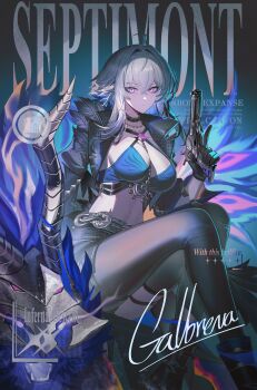 1girl absurdres ahoge black_gloves black_jacket black_pantyhose black_shorts black_thighhighs blue_bra blue_hair bra breasts chain character_name chimera_(wuthering_waves) colored_inner_hair commentary cropped_jacket english_text galbrena_(wuthering_waves) gloves gold_chain grey_hair gun hair_between_eyes hashtag-only_commentary highres holding holding_gun holding_weapon jacket jeze large_breasts looking_at_viewer medium_hair multicolored_hair navel pantyhose purple_eyes shorts single_leg_pantyhose single_thighhigh sitting solo stomach tacet_discord_(wuthering_waves) thighhighs underwear weapon wuthering_waves