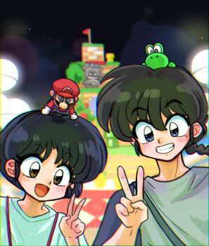 blue_eyes braid braided_ponytail brown_eyes character_doll couple doll facial_hair gloves green_eyes hair_between_eyes happy mario mario_(series) mustache nintendo open_mouth ranma_1/2 red_flag saotome_ranma short_hair smile super_nintendo_world teeth tendou_akane thwomp v wanta_(futoshi) white_gloves yoshi