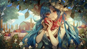 1girl apple barn black_gloves blue_hair blue_overalls breasts cleavage closed_mouth food fruit gloves grapes hat highres holding holding_food holding_fruit indie_virtual_youtuber long_hair mouth_hold overalls red_eyes single_glove solo stalk_in_mouth straw_hat teoteku upper_body vienna_(farmer)_(vtuber) vienna_(vtuber) virtual_youtuber wheat