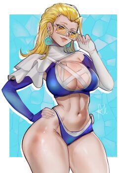 1girl arialla_draws belly blonde_hair blue_eyes breasts curvy earrings fantastic_four highres jewelry large_breasts long_hair looking_at_viewer marvel marvel_rivals parted_lips shiny_skin simple_background solo sue_storm sue_storm_(azure_shade) superhero_costume swimsuit thong wide_hips