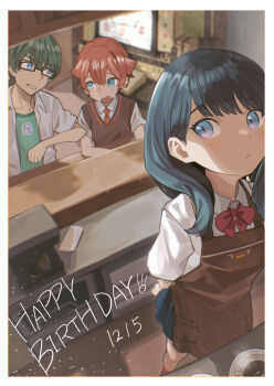 1girl 2boys absurdres apron black_hair black_skirt blue_eyes blush bow bowtie cafe collared_shirt commentary_request couch cup glasses green_hair green_shirt gridman_universe happy_birthday hibiki_yuuta highres indoors long_hair multiple_boys necktie open_clothes open_mouth pleated_skirt red_bow red_bowtie red_hair red_necktie school_uniform shirt short_hair short_sleeves skirt ssss.gridman t-shirt table takarada_rikka tyaui_(xjju4435) utsumi_shou white_shirt